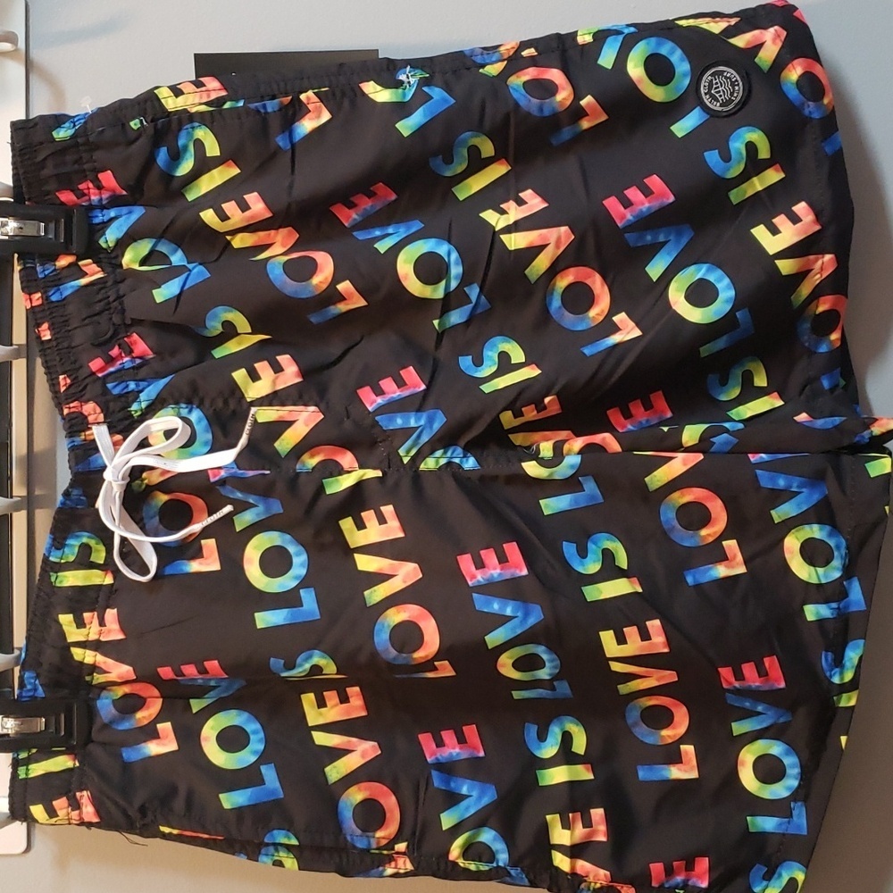 Brooklyn Cloth Kent Ave Volley Swim Trunks, Tie Dye "Love" Pattern